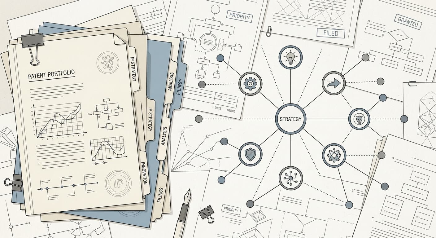 Editorial illustration of dossier-style patent analysis documents and a central strategy map