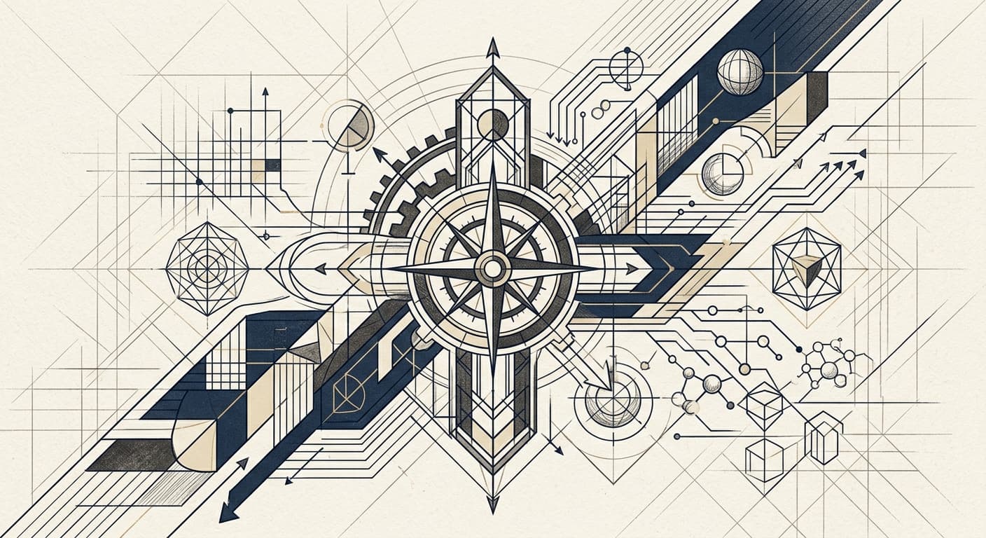 Abstract editorial composition representing patent strategy, evidence mapping, and directional advisory judgment